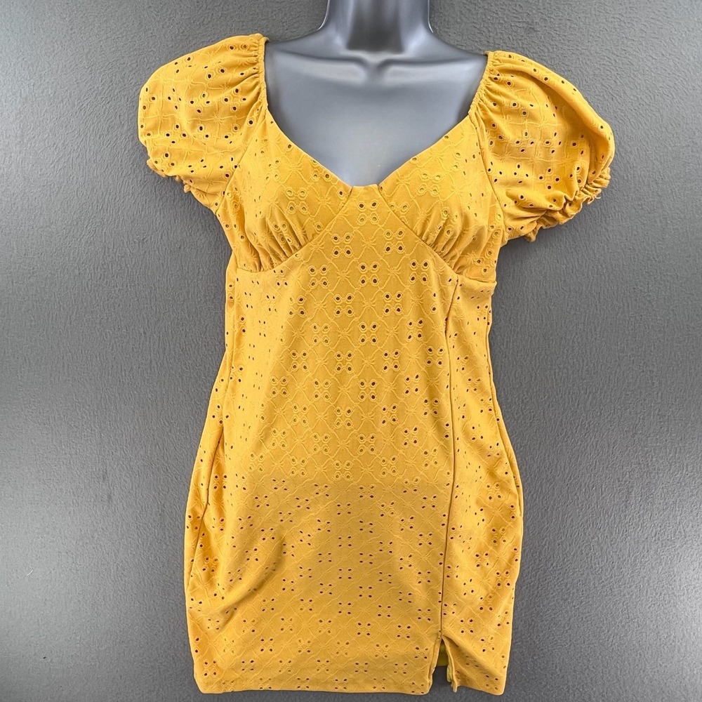 rue21 Women Mini Dress Eyelet Mustard Yellow Large Cottagecore Puff Sleeve